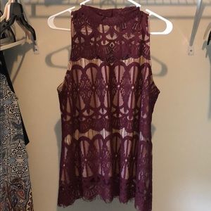 Burgundy lace blouse with nude underlay